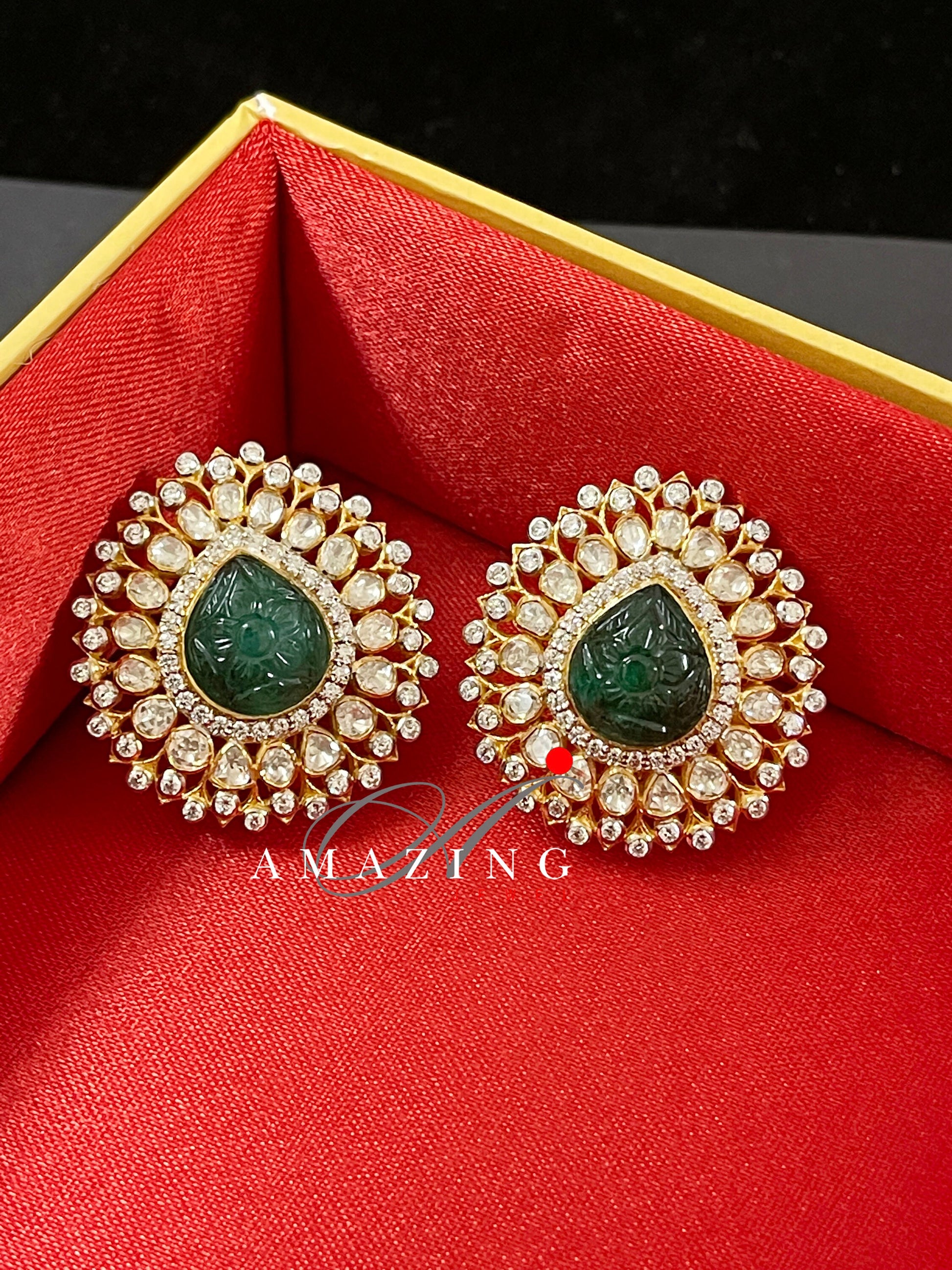 Silver Moissanite Polki Hydro Emerald Carving Earring,Indian Wedding Jewelery, Polki Stud,Statement Earring,Bridal Jewelery, Travel Jewelery