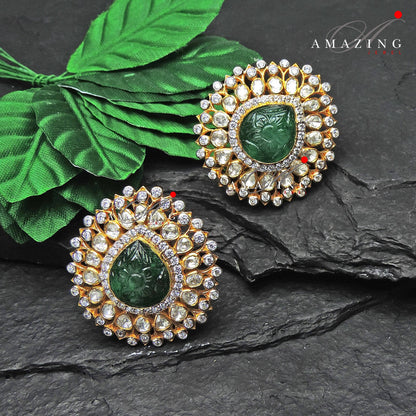 Silver Moissanite Polki Hydro Emerald Carving Earring,Indian Wedding Jewelery, Polki Stud,Statement Earring,Bridal Jewelery, Travel Jewelery