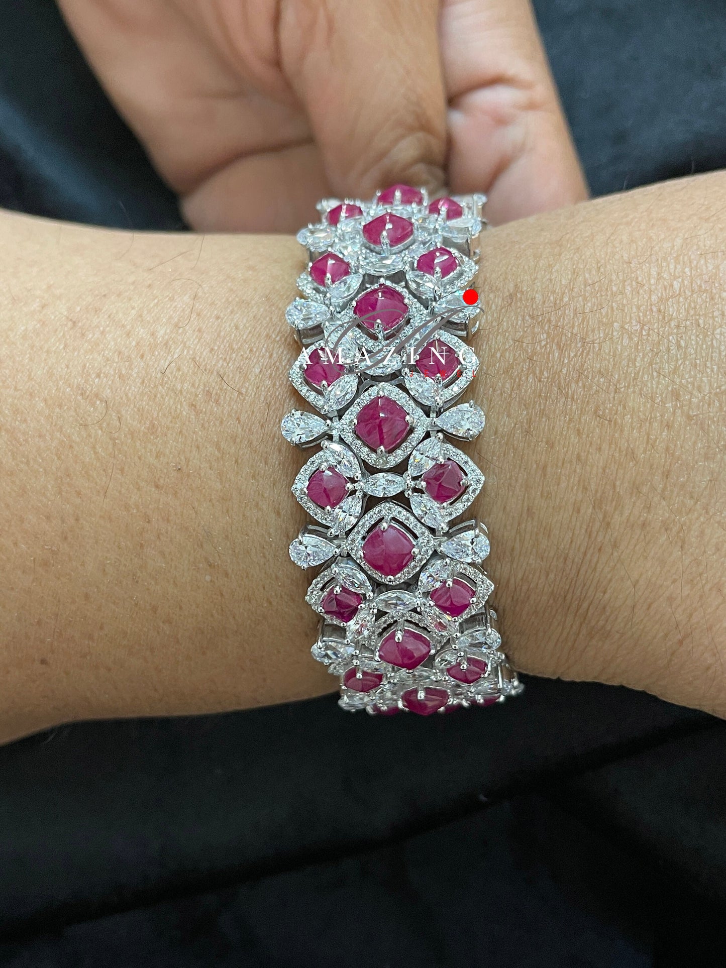 Silver Swarovski Glass Filled Ruby Bracelet Cubic Zirconia Bracelet Contemporary Bracelet 925 Silver Bracelet Bridal Jewelery 18K Plated