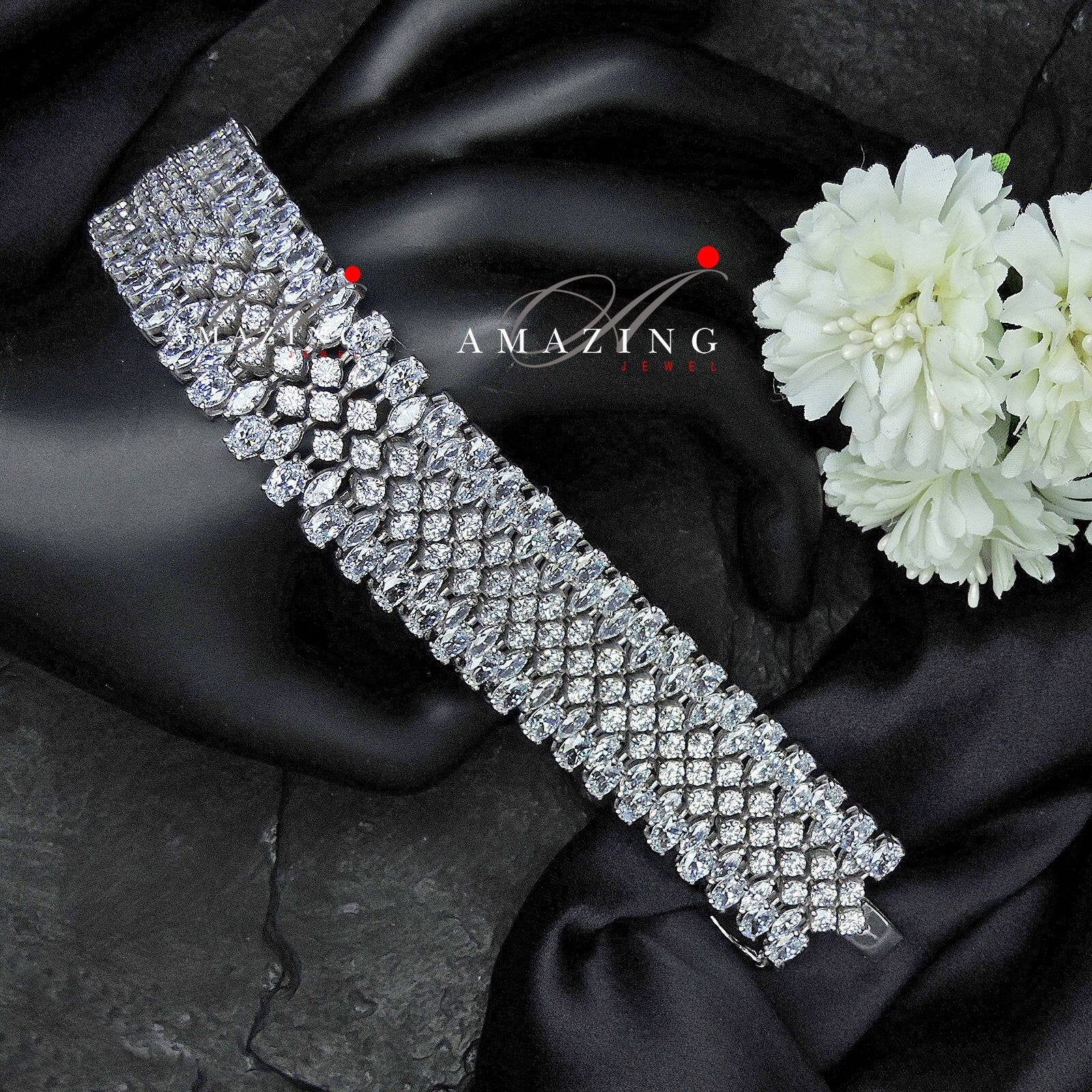 Silver Swarovski Studded Bracelet, Cubic Zirconia Bracelet, Indian Contemporary Bracelet, 925 Silver Bracelet, Bridal Jewelery, 18K Plated