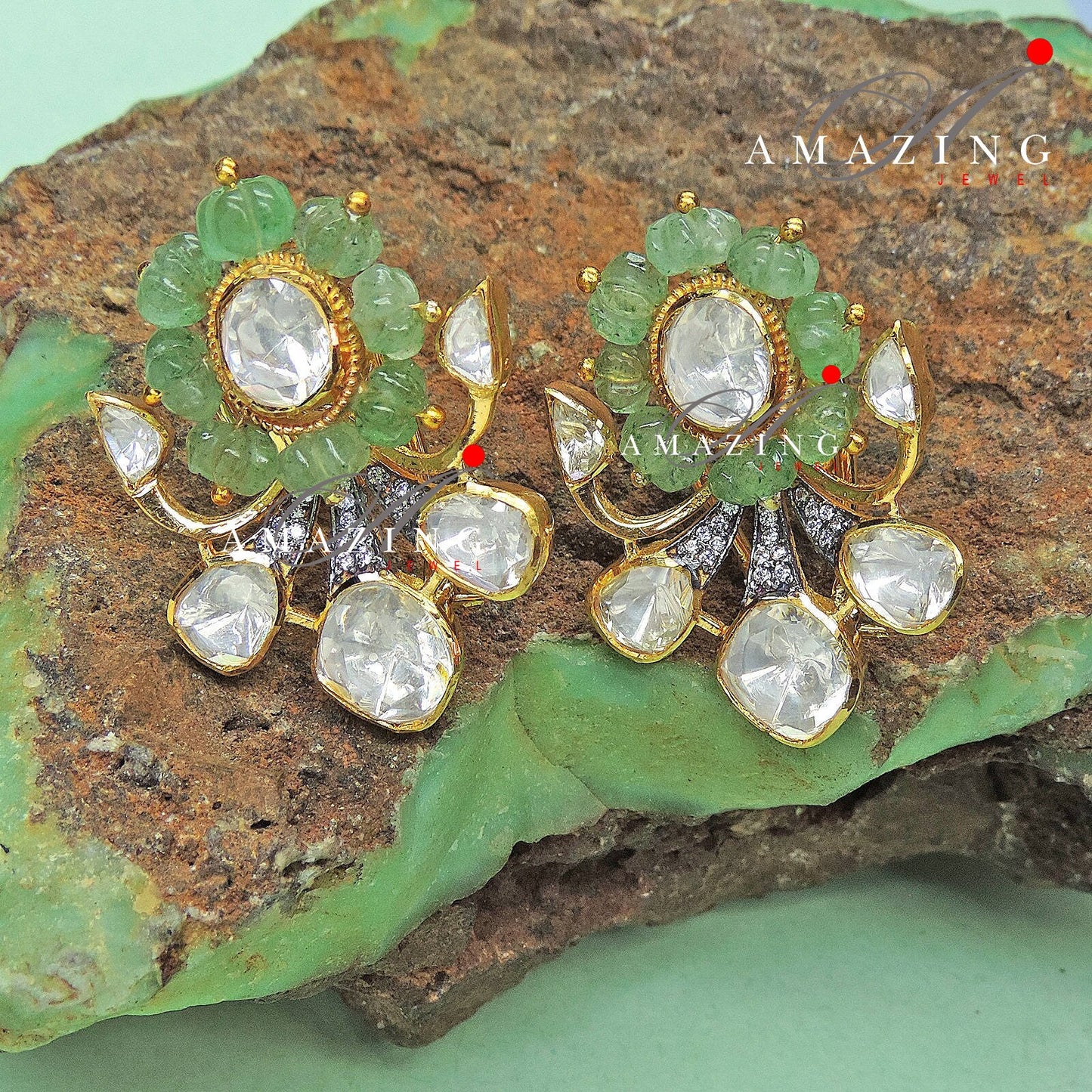 Silver Moissanite Polki Hydro Emerald Melon Earring,Indian Wedding Jewelery, Polki Stud,Statement Earring,Bridal Jewelery, Travel Jewelery