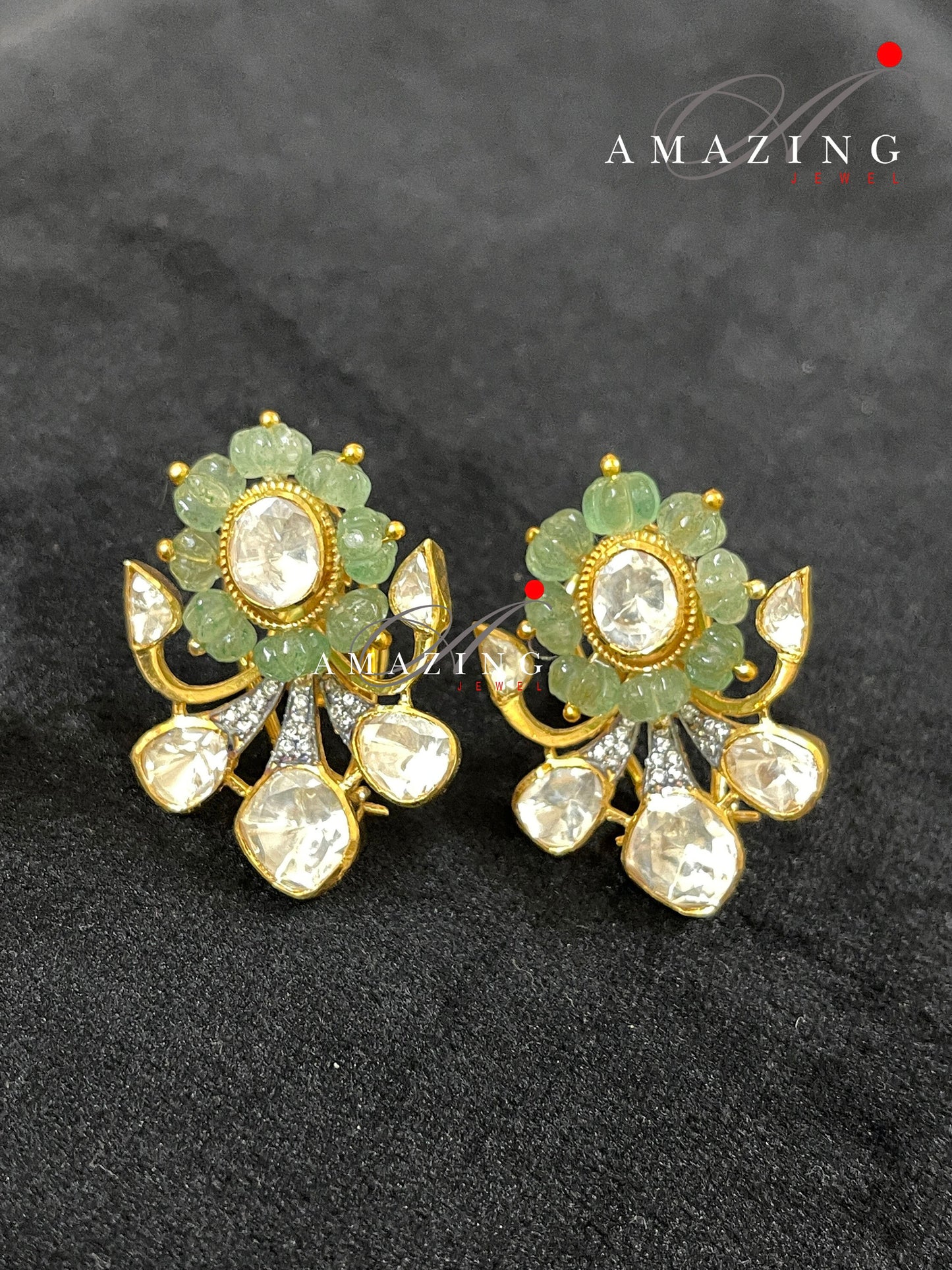 Silver Moissanite Polki Hydro Emerald Melon Earring,Indian Wedding Jewelery, Polki Stud,Statement Earring,Bridal Jewelery, Travel Jewelery