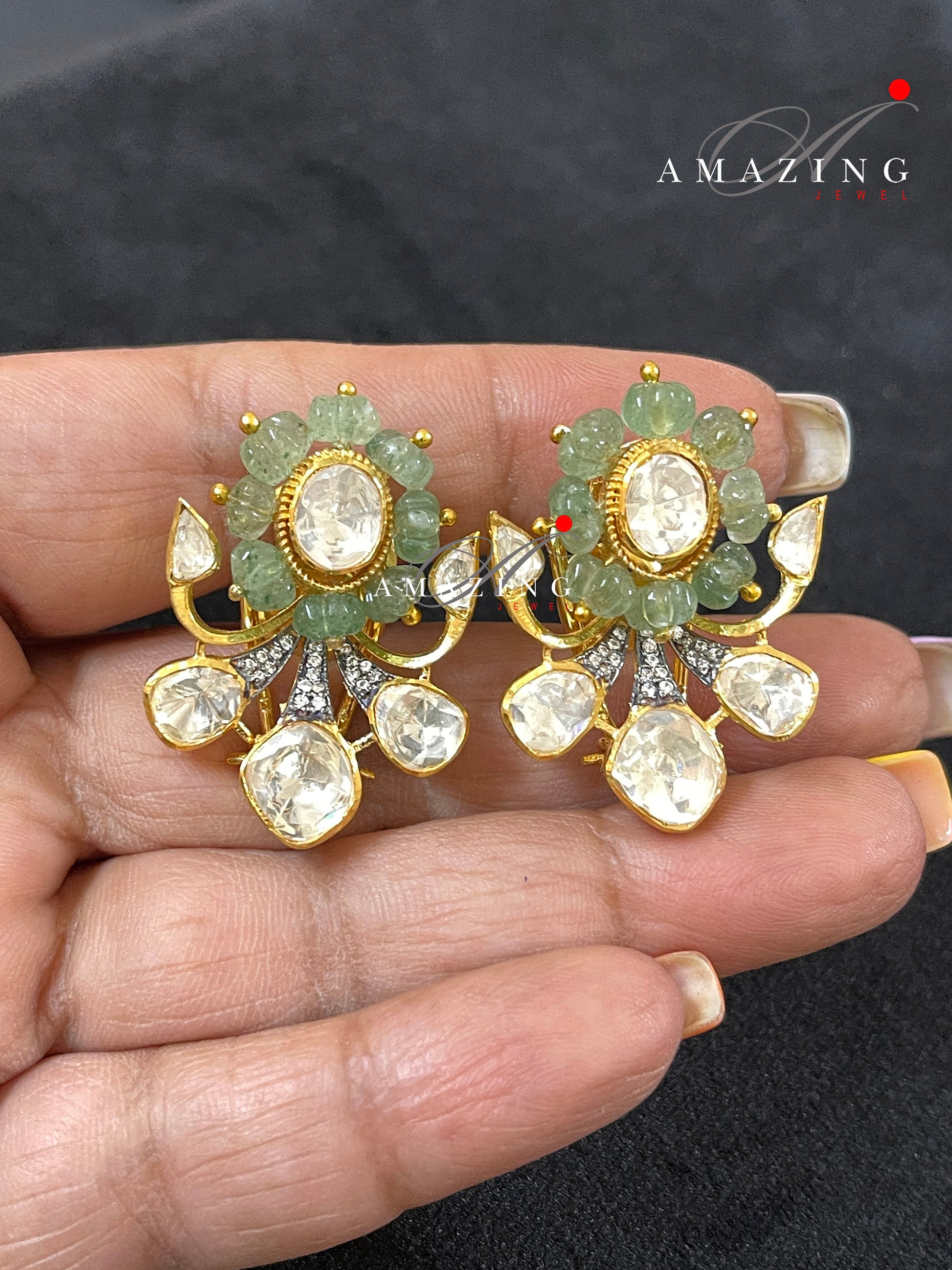 Silver Moissanite Polki Hydro Emerald Melon Earring,Indian Wedding Jewelery, Polki Stud,Statement Earring,Bridal Jewelery, Travel Jewelery