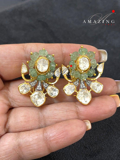 Silver Moissanite Polki Hydro Emerald Melon Earring,Indian Wedding Jewelery, Polki Stud,Statement Earring,Bridal Jewelery, Travel Jewelery