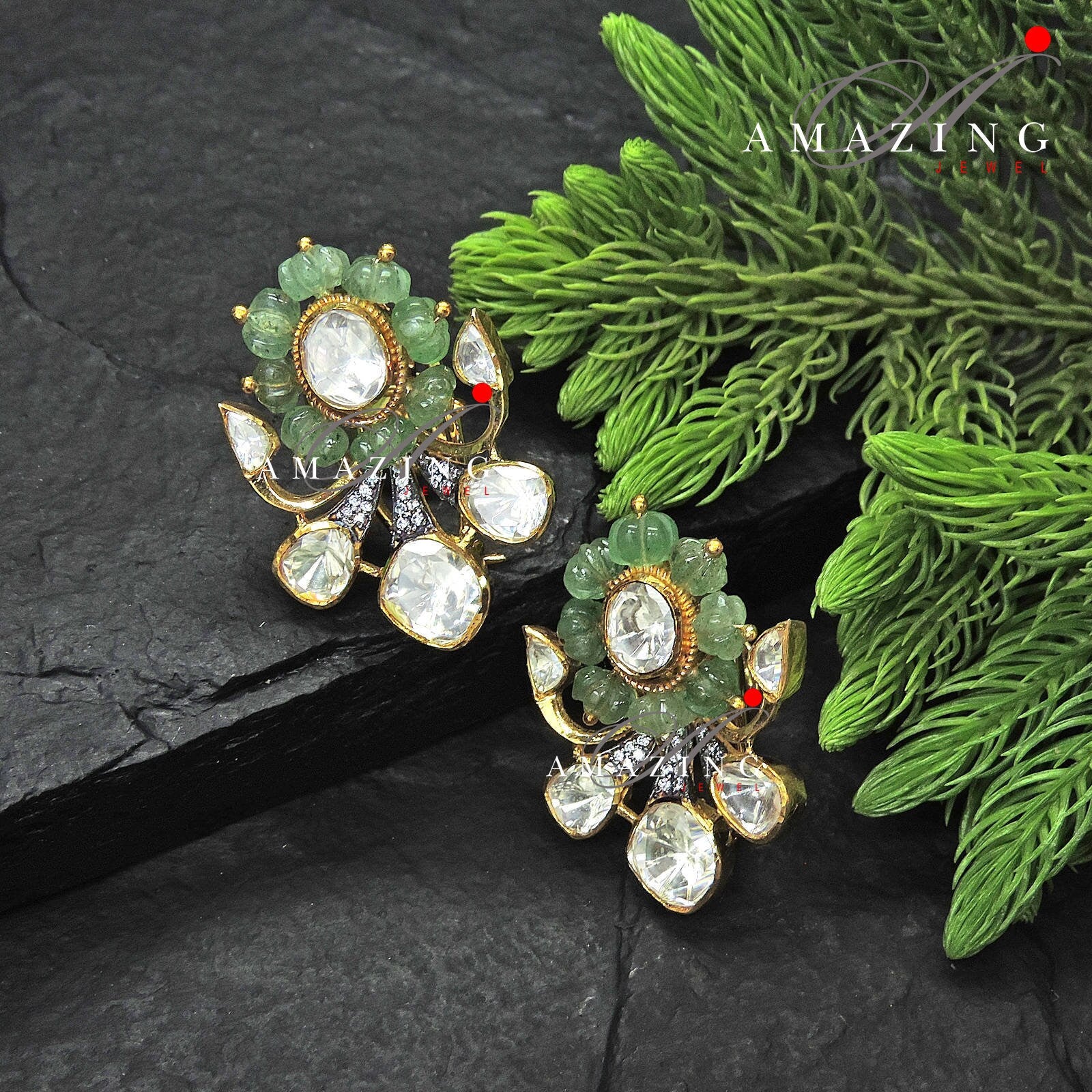 Silver Moissanite Polki Hydro Emerald Melon Earring,Indian Wedding Jewelery, Polki Stud,Statement Earring,Bridal Jewelery, Travel Jewelery