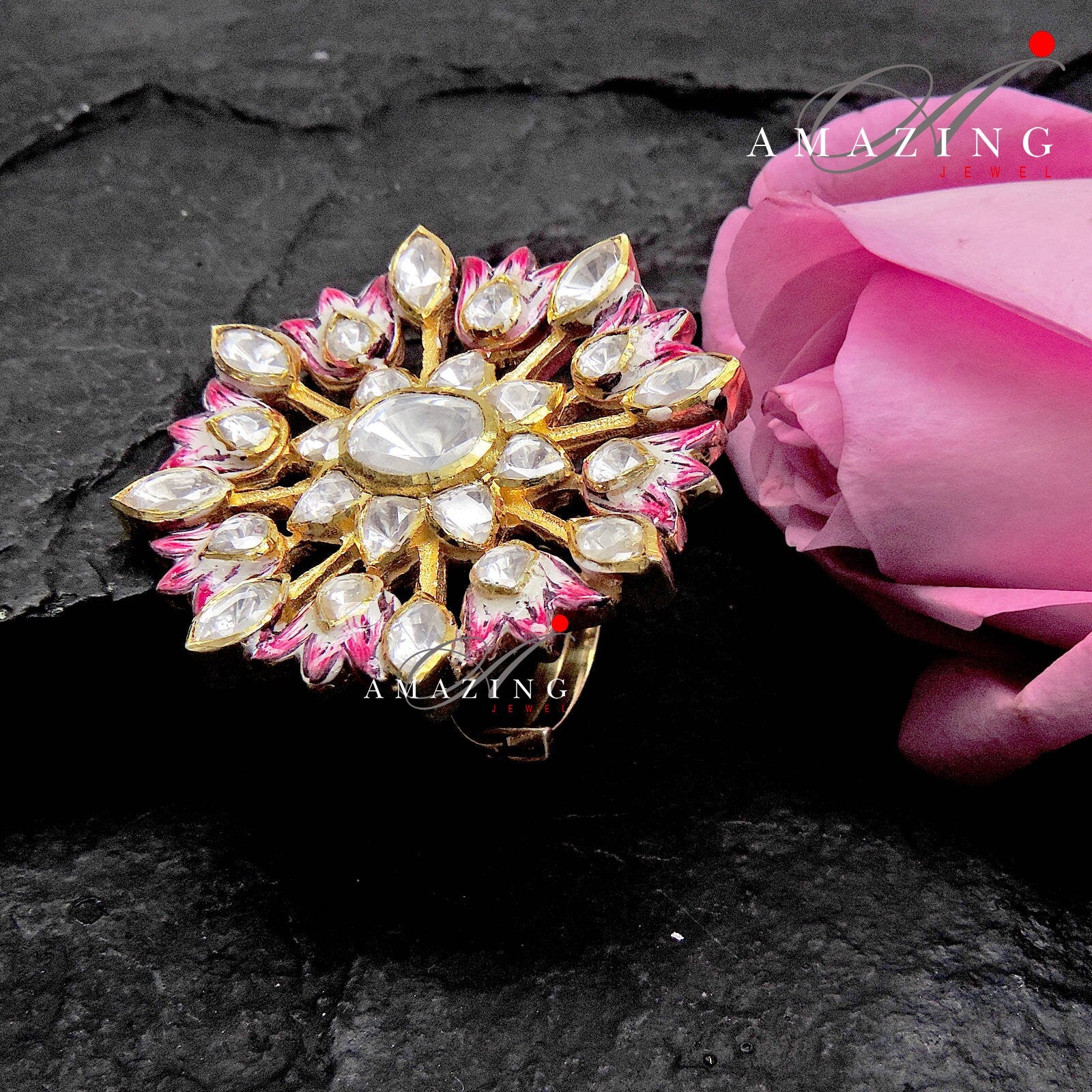 Silver Moissanite Polki & Pink Enamel Ring, Indian Traditional Ring, Polki Ring , Adjustable Ring ,Indian Wedding Jewelery, Travel Ring