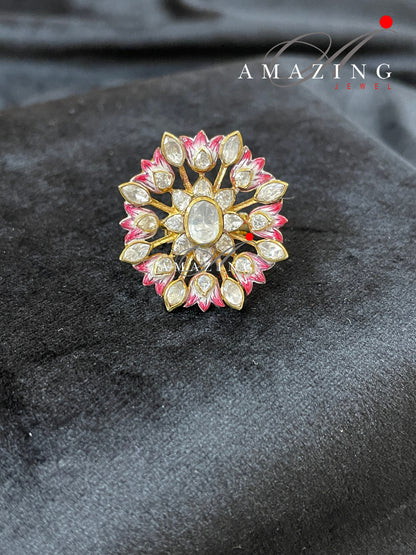 Silver Moissanite Polki & Pink Enamel Ring, Indian Traditional Ring, Polki Ring , Adjustable Ring ,Indian Wedding Jewelery, Travel Ring