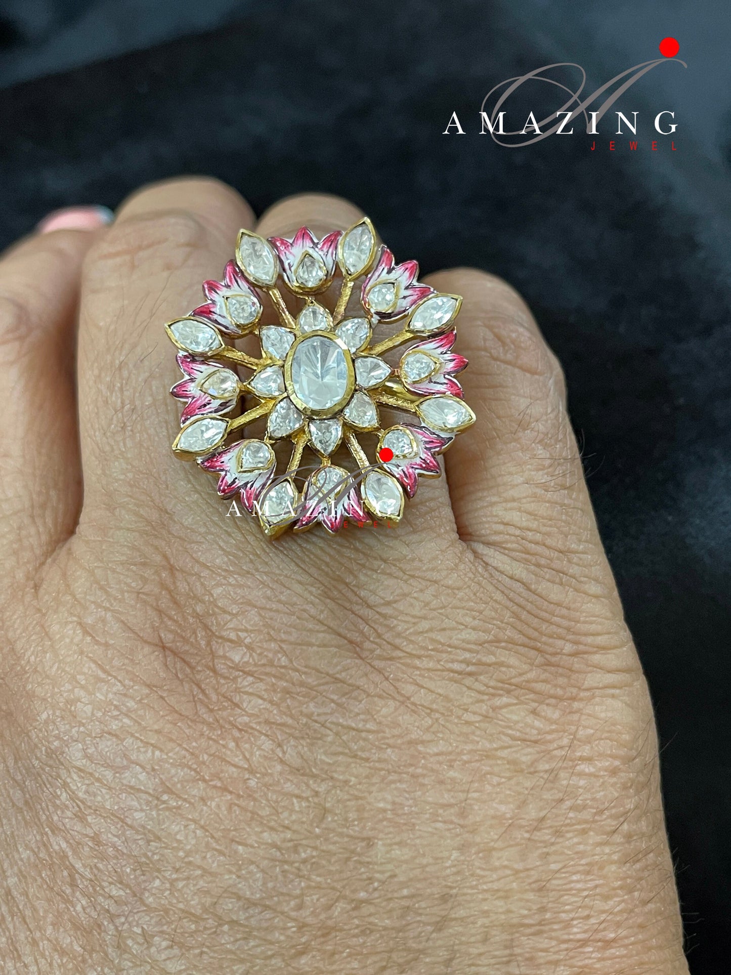 Silver Moissanite Polki & Pink Enamel Ring, Indian Traditional Ring, Polki Ring , Adjustable Ring ,Indian Wedding Jewelery, Travel Ring