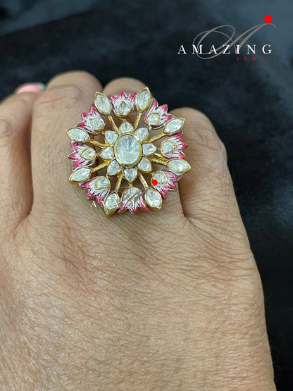 Silver Moissanite Polki & Pink Enamel Ring, Indian Traditional Ring, Polki Ring , Adjustable Ring ,Indian Wedding Jewelery, Travel Ring