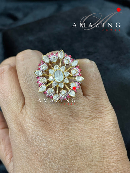 Silver Moissanite Polki & Pink Enamel Ring, Indian Traditional Ring, Polki Ring , Adjustable Ring ,Indian Wedding Jewelery, Travel Ring