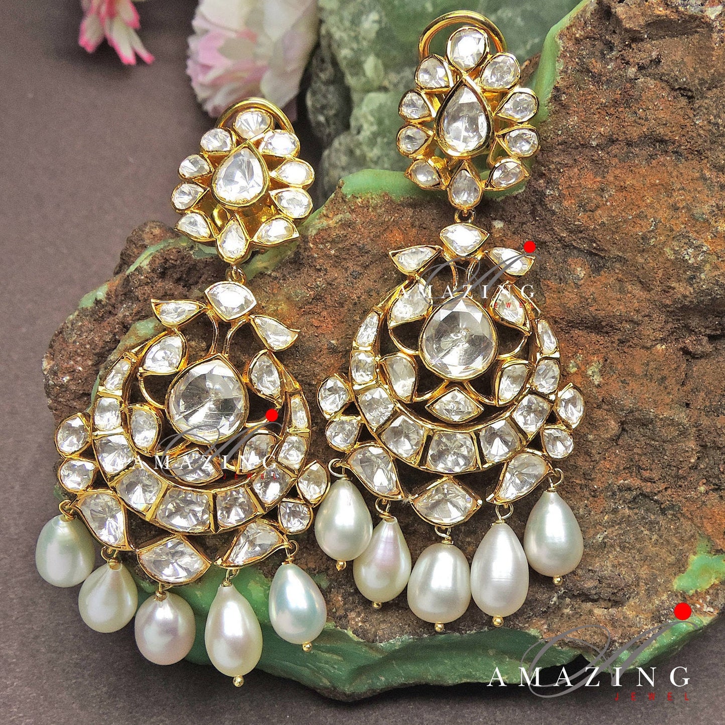 Silver Moissanite Polki Earring, Kundan Chandelier Bridal Jewelery, Traditional Jewelery 925 Silver Earring,18K Plated, Wedding Jewelery