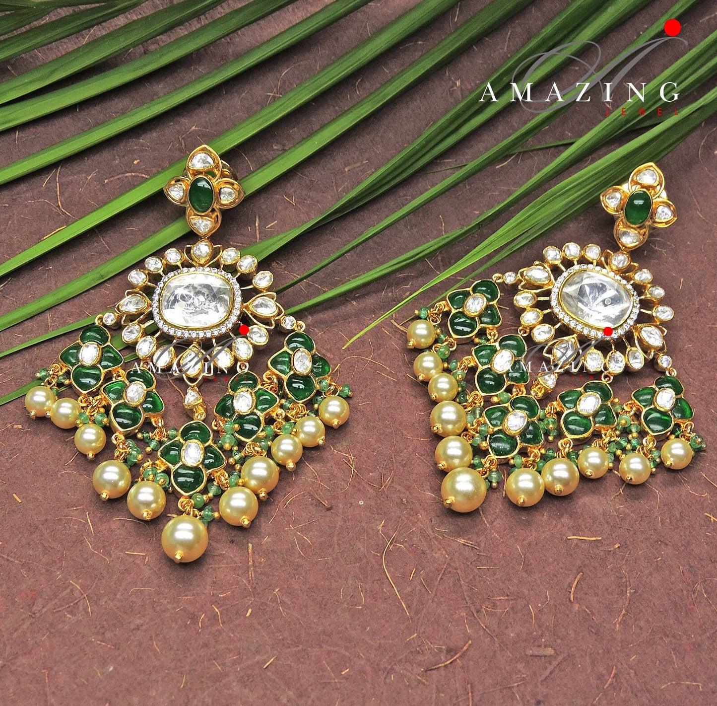 Silver Moissanite Hydro Emerald Chip Stone Earring Indian Wedding Jewelery Moissanite Polki Earring  Statement Earring Wedding Wear Earring