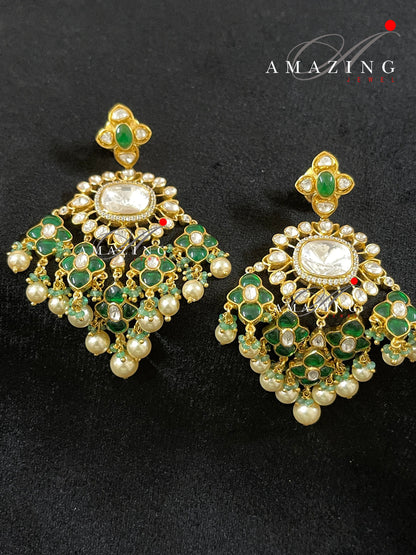 Silver Moissanite Hydro Emerald Chip Stone Earring Indian Wedding Jewelery Moissanite Polki Earring  Statement Earring Wedding Wear Earring