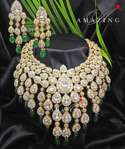 Silver Mossanite Polki Wedding Set  Indian Wedding Jewelery Set Polki Set Indian Traditional Jewelery Wedding Set  Bridal Necklace set