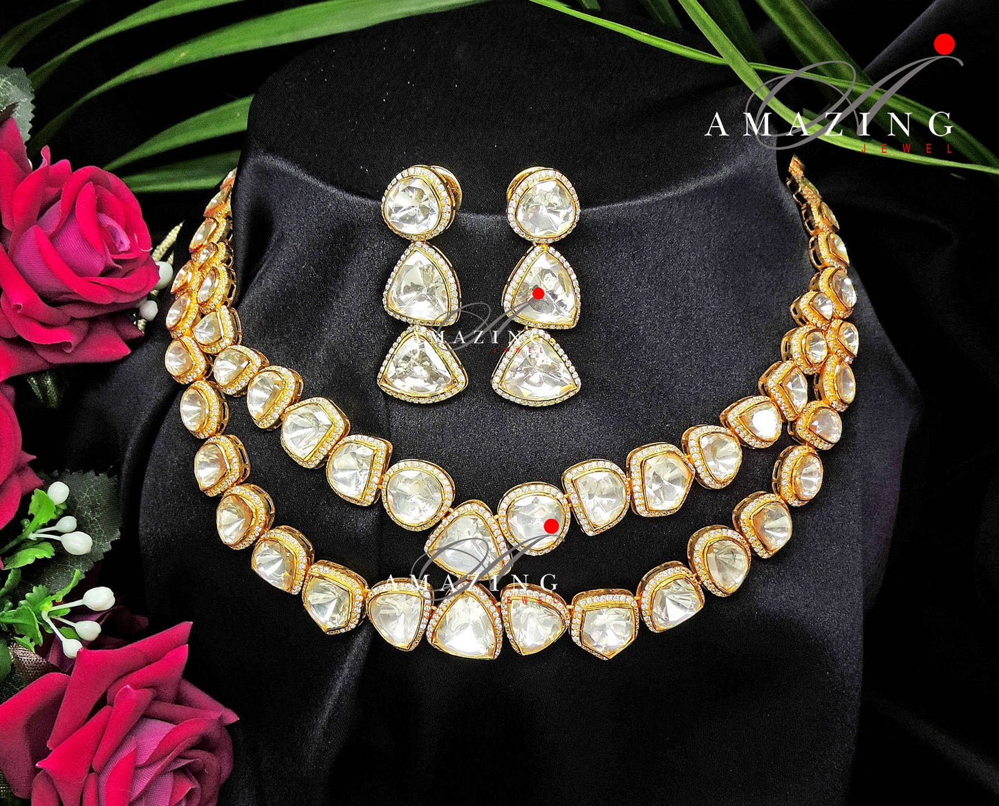 Silver Mossanite Polki Set Jewelry  Indian Wedding Jewelry Set Polki Set   Indian Traditional Jewelry   Wedding jewelry  Necklace set