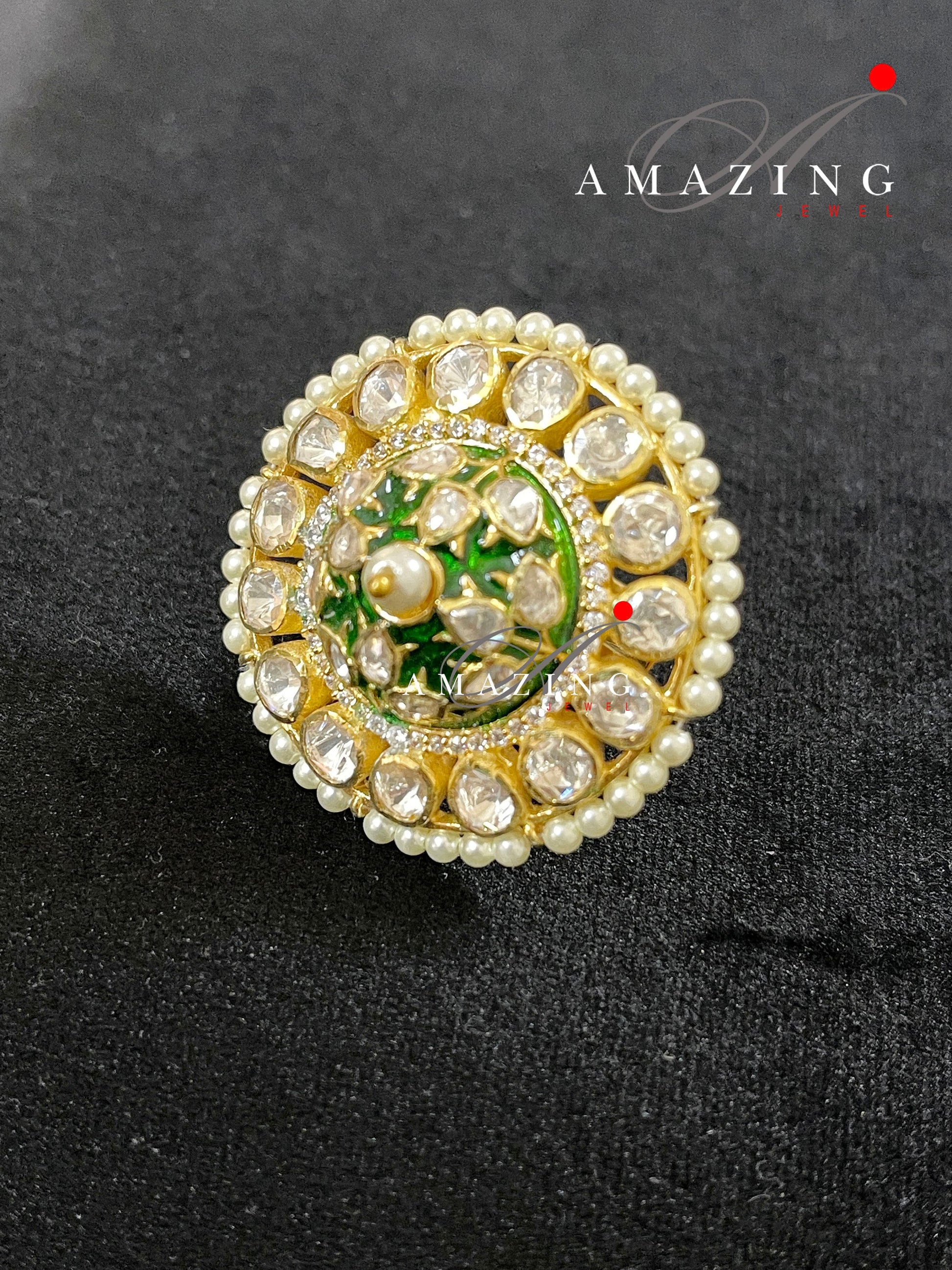 Silver Moissanite Polki with Green Enamel Ring, Indian Traditional Ring, Polki Ring , Moissanite Polki Ring , Indian Polki Ring Wedding Ring