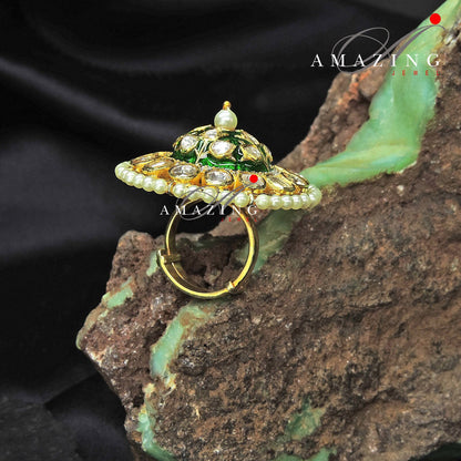 Silver Moissanite Polki with Green Enamel Ring, Indian Traditional Ring, Polki Ring , Moissanite Polki Ring , Indian Polki Ring Wedding Ring