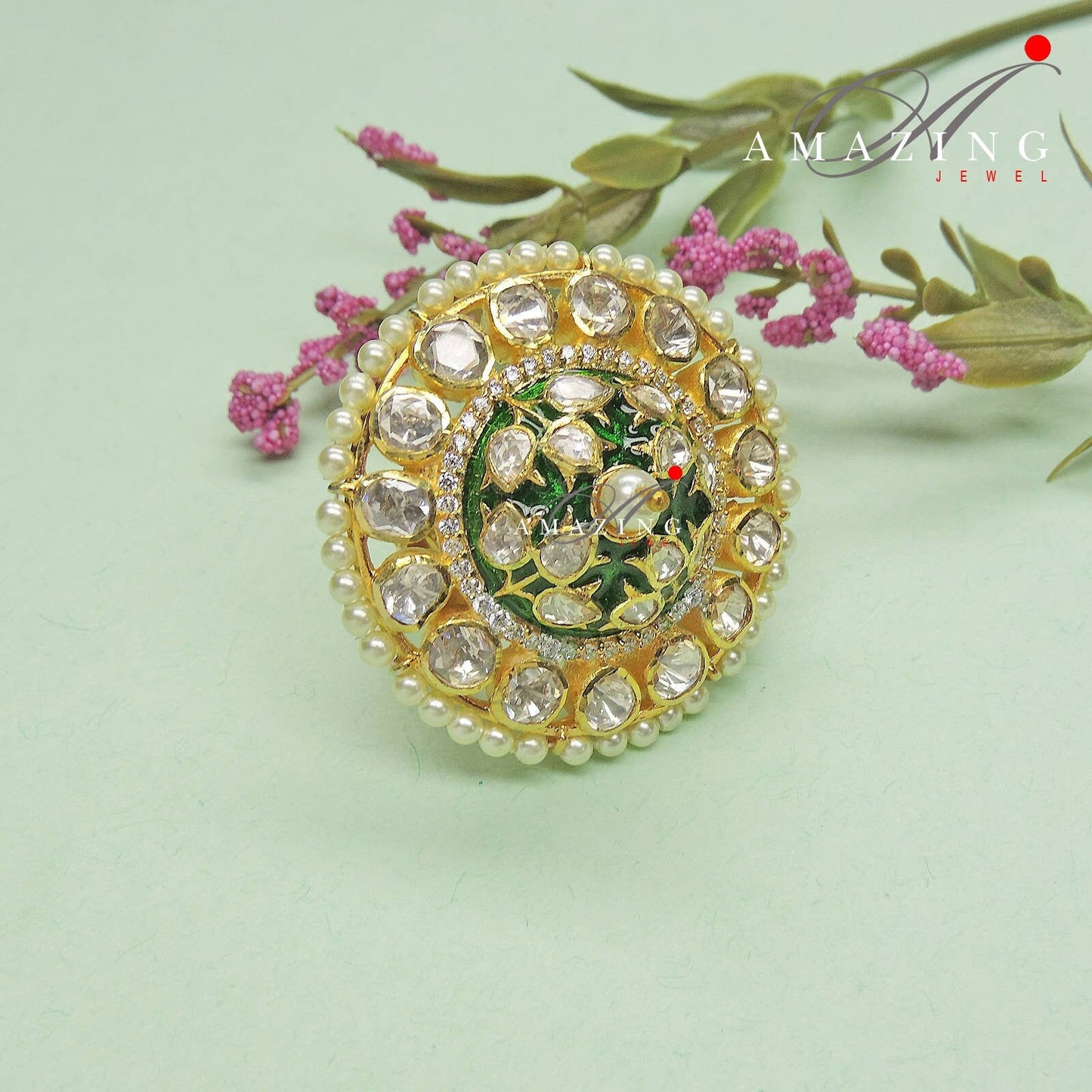 Silver Moissanite Polki with Green Enamel Ring, Indian Traditional Ring, Polki Ring , Moissanite Polki Ring , Indian Polki Ring Wedding Ring