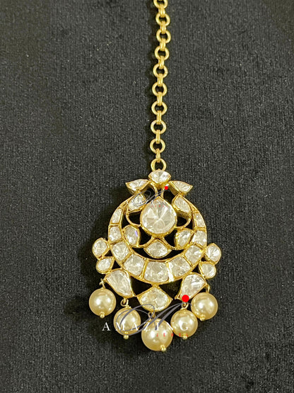 Silver Moissanite Polki & Fresh Sea Pearls Maangtika Moissanite Polki Maangtika Indian Traditional Maangtika Bridal Jewelry Silver Maangtika