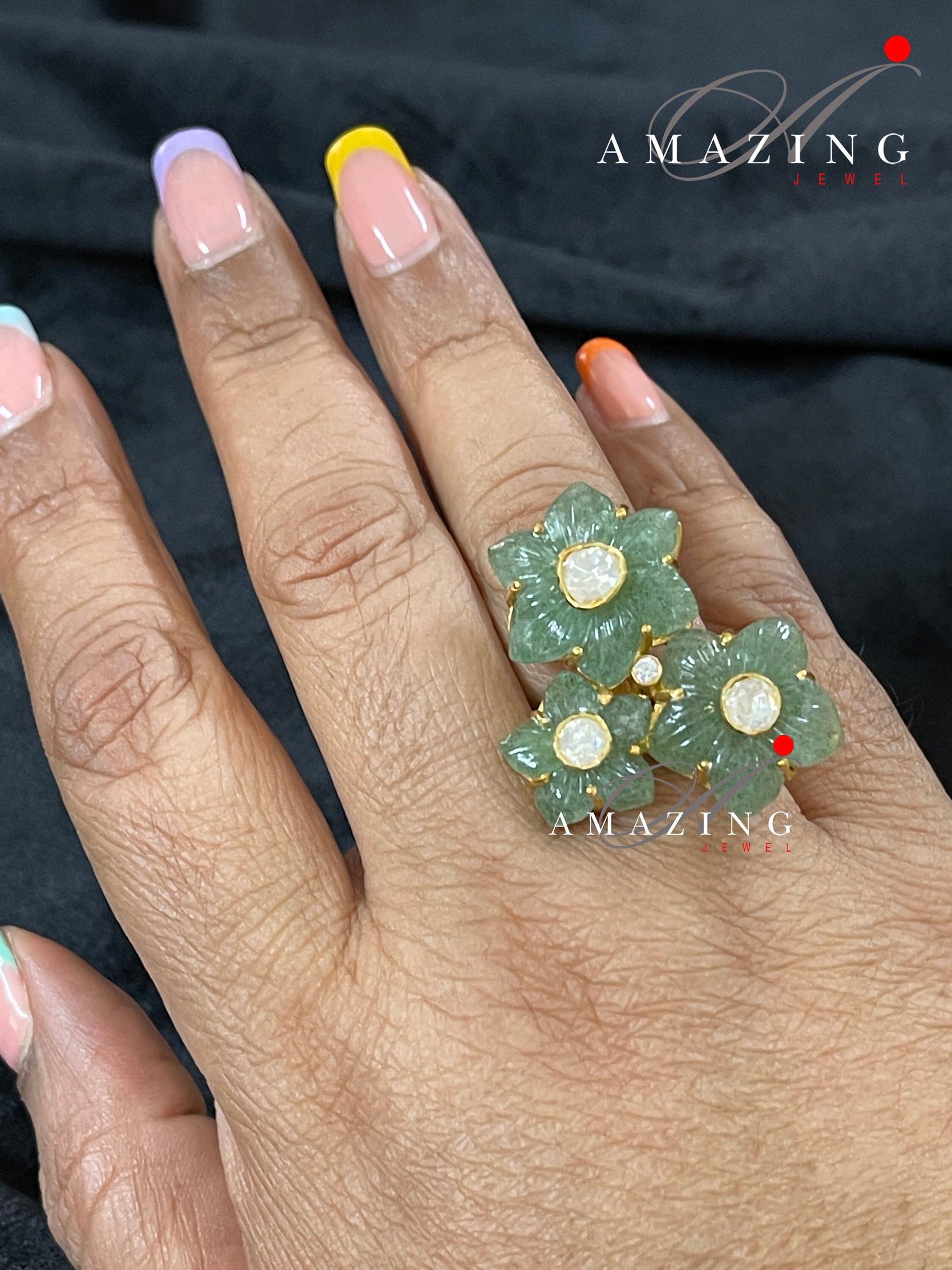 Silver Moissanite Flouride Emerald Polki Ring IndianTraditional Ring Polki Ring Indian Polki Statement Ring Silver Cocktail Ring Classy Ring