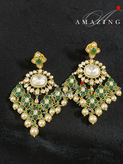 Silver Moissanite Hydro Emerald Chip Stone Earring Indian Wedding Jewelery Moissanite Polki Earring  Statement Earring Wedding Wear Earring