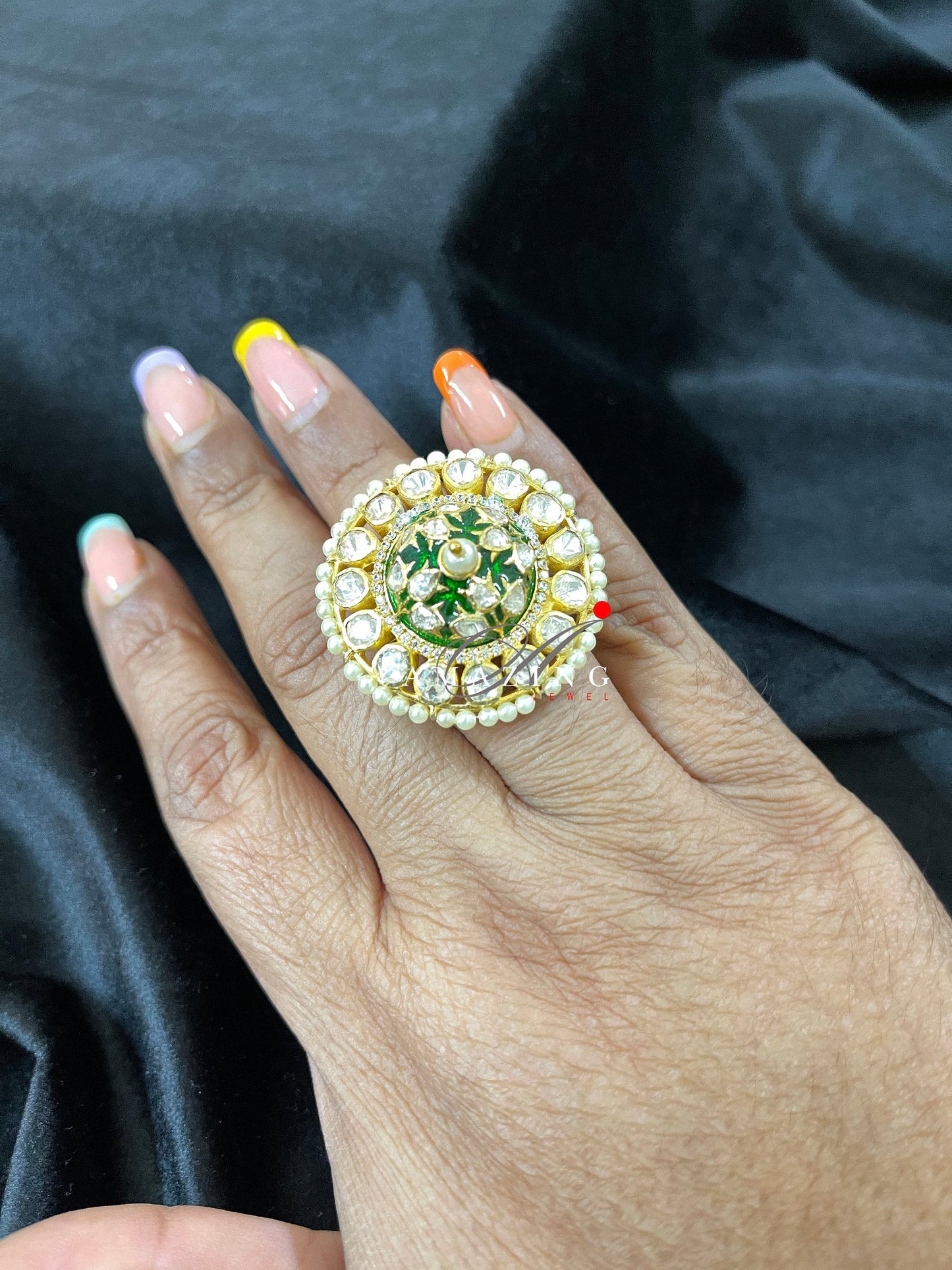 Silver Moissanite Polki with Green Enamel Ring, Indian Traditional Ring, Polki Ring , Moissanite Polki Ring , Indian Polki Ring Wedding Ring