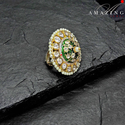 Silver Moissanite Polki with Green Enamel Ring, Indian Traditional Ring, Polki Ring , Moissanite Polki Ring , Indian Polki Ring Wedding Ring