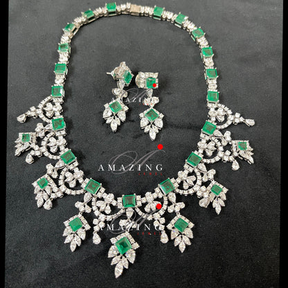 Silver Swarovski &Hydro Emerald Set Indian Wedding Jewelry Set Indian Traditional Jewelry Bridal Jewelry 925 Sterling Silver Necklace Set