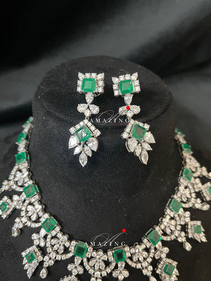 Silver Swarovski &Hydro Emerald Set Indian Wedding Jewelry Set Indian Traditional Jewelry Bridal Jewelry 925 Sterling Silver Necklace Set