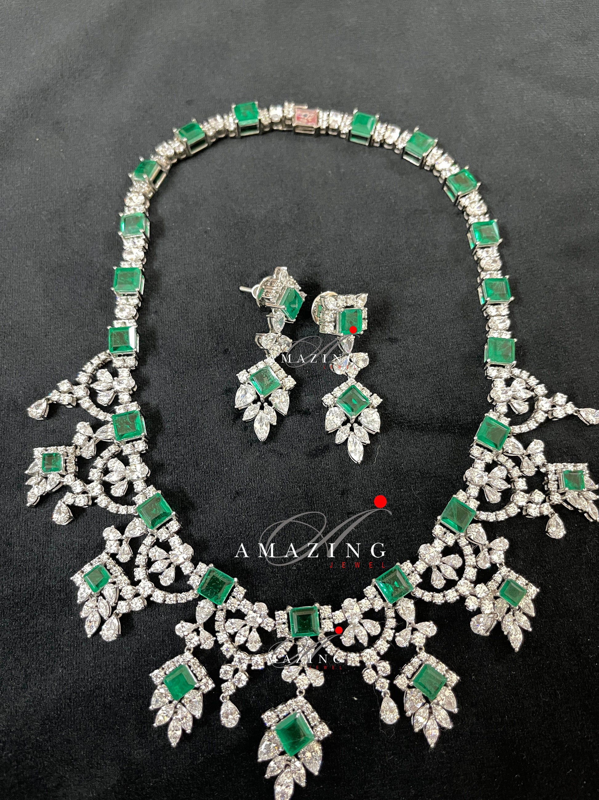 Silver Swarovski &Hydro Emerald Set Indian Wedding Jewelry Set Indian Traditional Jewelry Bridal Jewelry 925 Sterling Silver Necklace Set