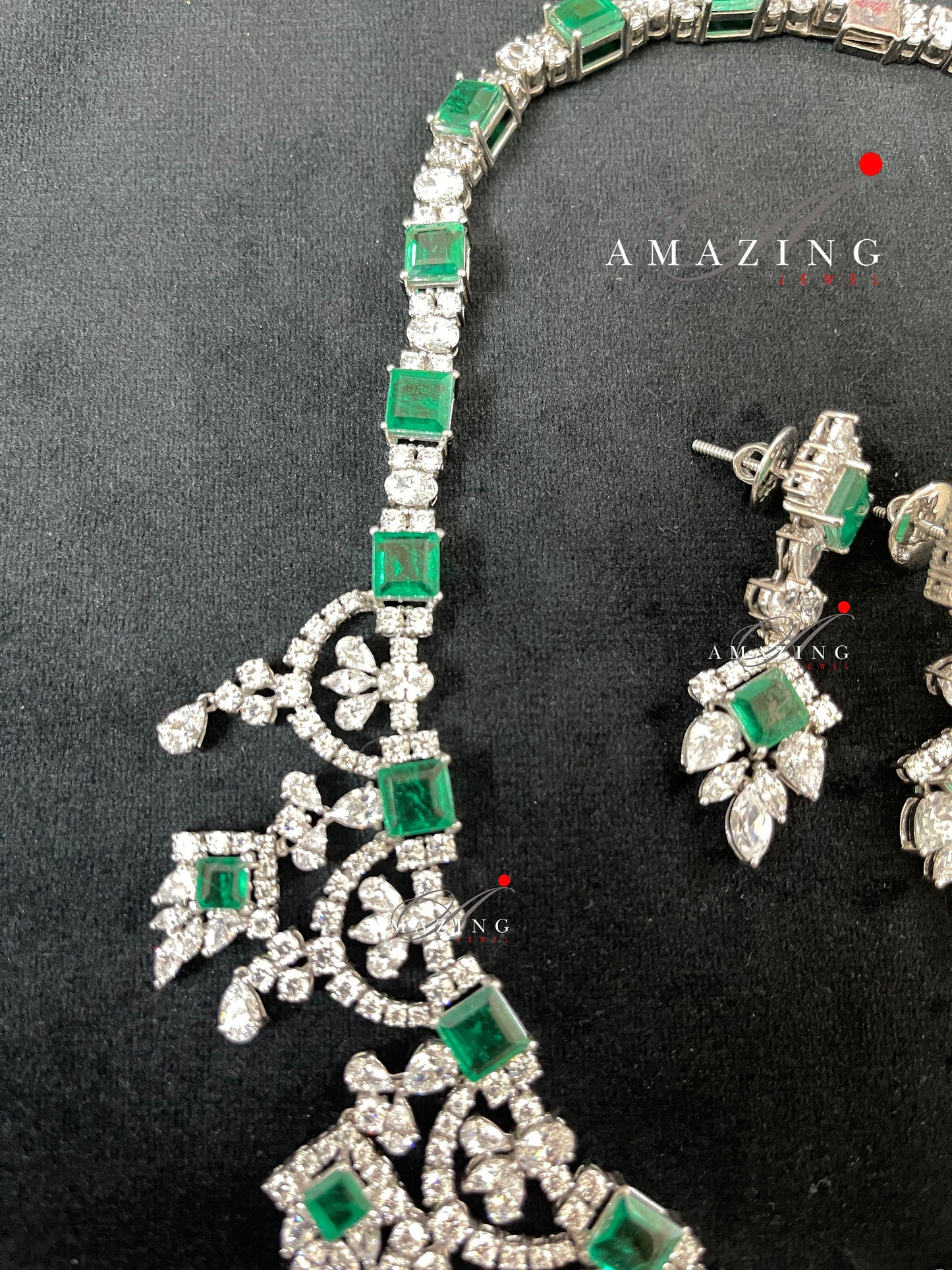 Silver Swarovski &Hydro Emerald Set Indian Wedding Jewelry Set Indian Traditional Jewelry Bridal Jewelry 925 Sterling Silver Necklace Set