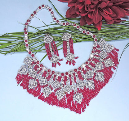 Silver Swarovski & Ruby Beads Set Indian Wedding Jewelery  Contemparory Jewelery Bridal Jewelery 925 Sterling Silver Necklace Set