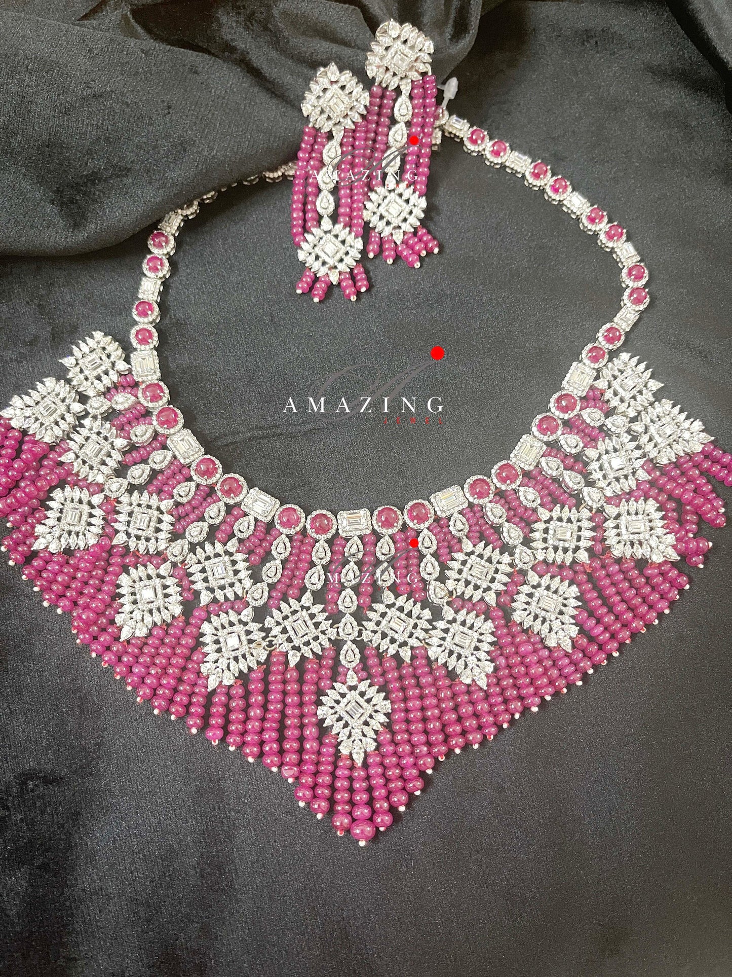 Silver Swarovski & Ruby Beads Set Indian Wedding Jewelery  Contemparory Jewelery Bridal Jewelery 925 Sterling Silver Necklace Set