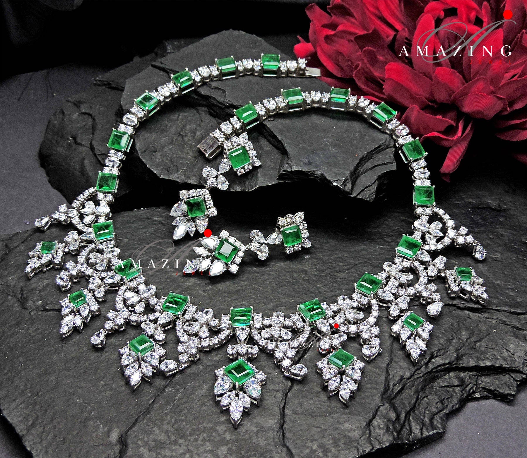 Silver Swarovski &Hydro Emerald Set Indian Wedding Jewelry Set Indian Traditional Jewelry Bridal Jewelry 925 Sterling Silver Necklace Set