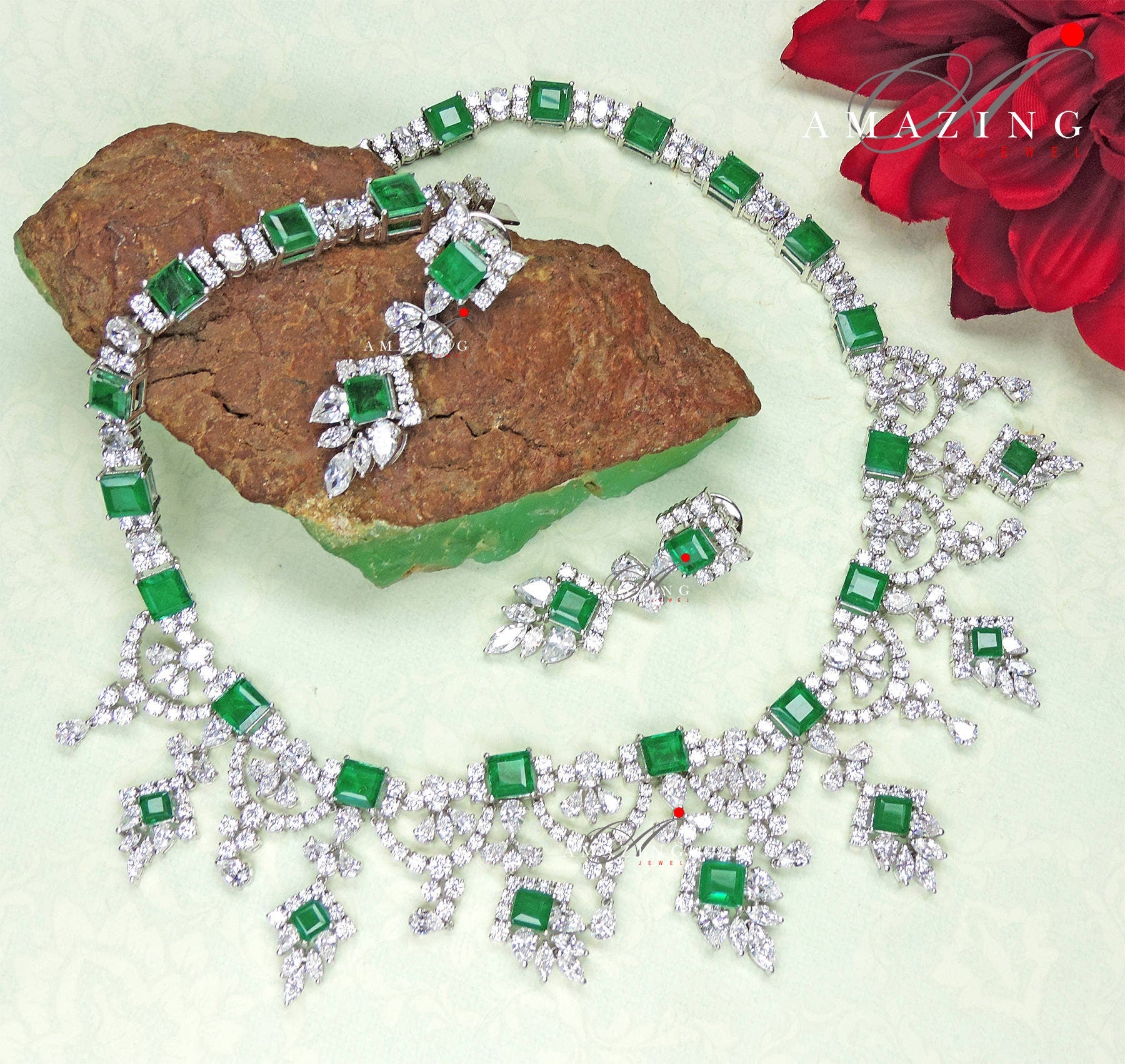 Silver Swarovski &Hydro Emerald Set Indian Wedding Jewelry Set Indian Traditional Jewelry Bridal Jewelry 925 Sterling Silver Necklace Set