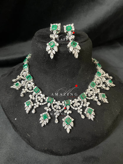 Silver Swarovski &Hydro Emerald Set Indian Wedding Jewelry Set Indian Traditional Jewelry Bridal Jewelry 925 Sterling Silver Necklace Set