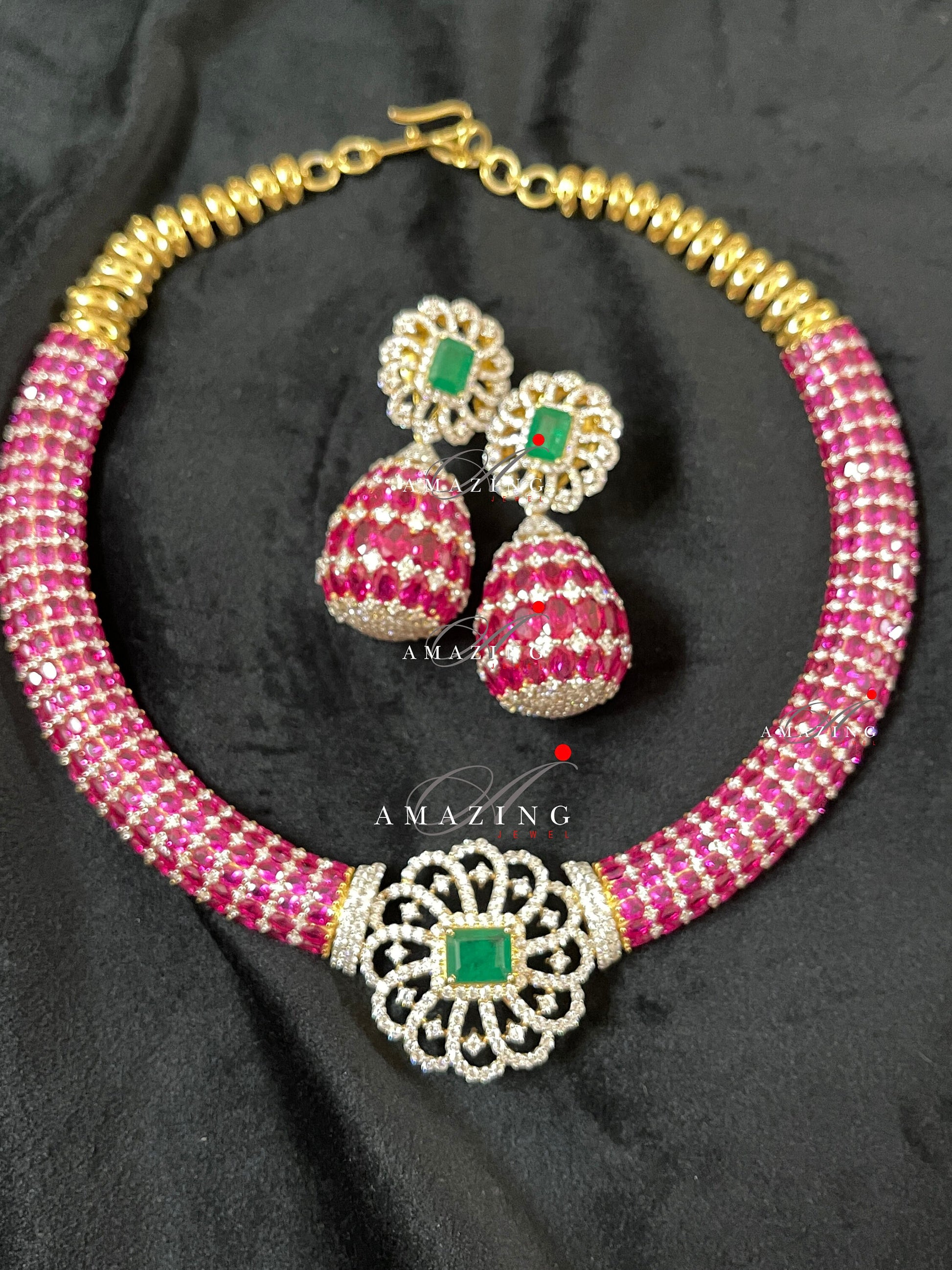 Silver Swarovski & Ruby Set Indian Wedding Jewelery Set Indian Traditional Jewelery Bridal Jewelery 925 Sterling Silver Necklace Set Jhumka