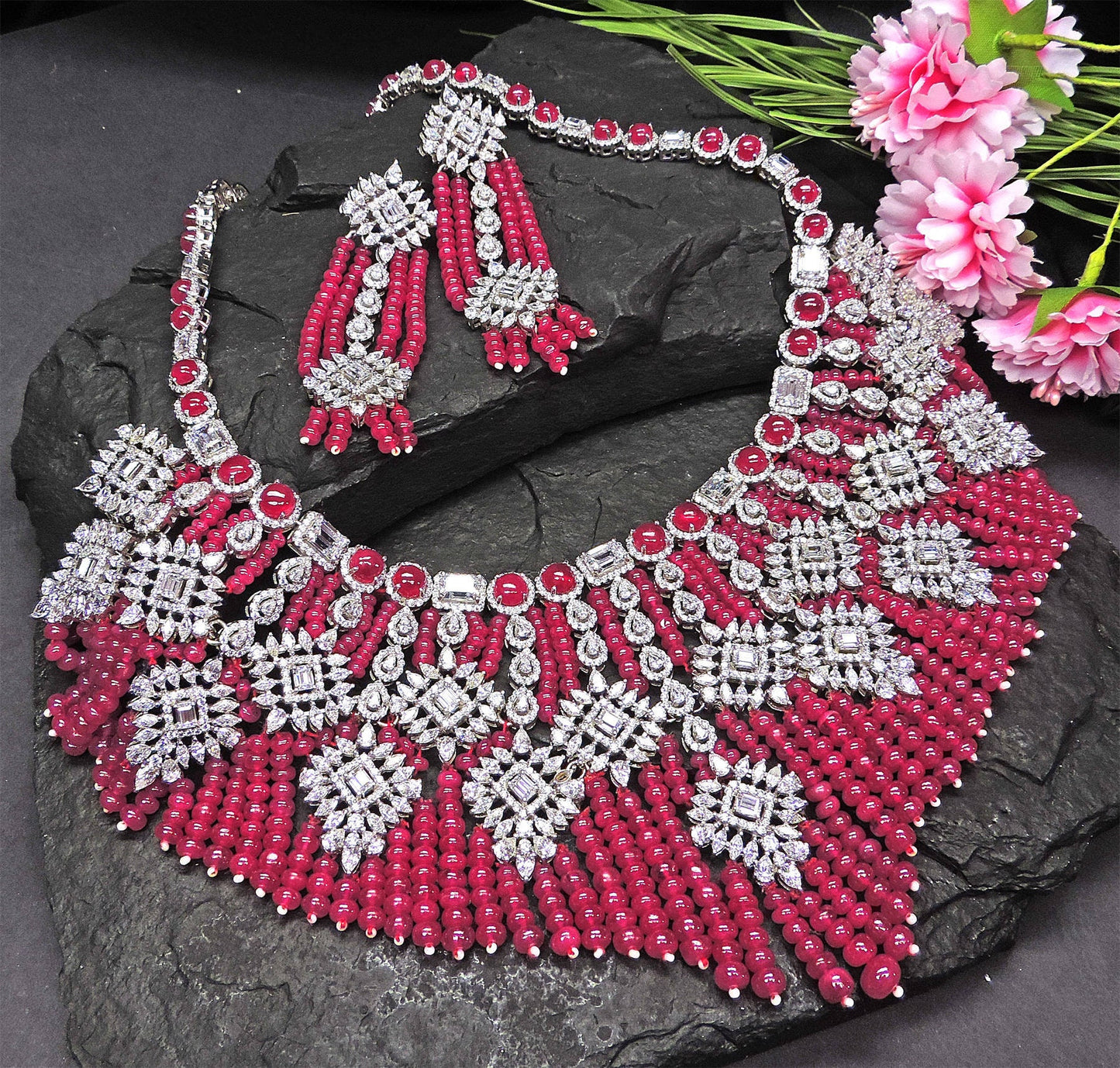 Silver Swarovski & Ruby Beads Set Indian Wedding Jewelery  Contemparory Jewelery Bridal Jewelery 925 Sterling Silver Necklace Set