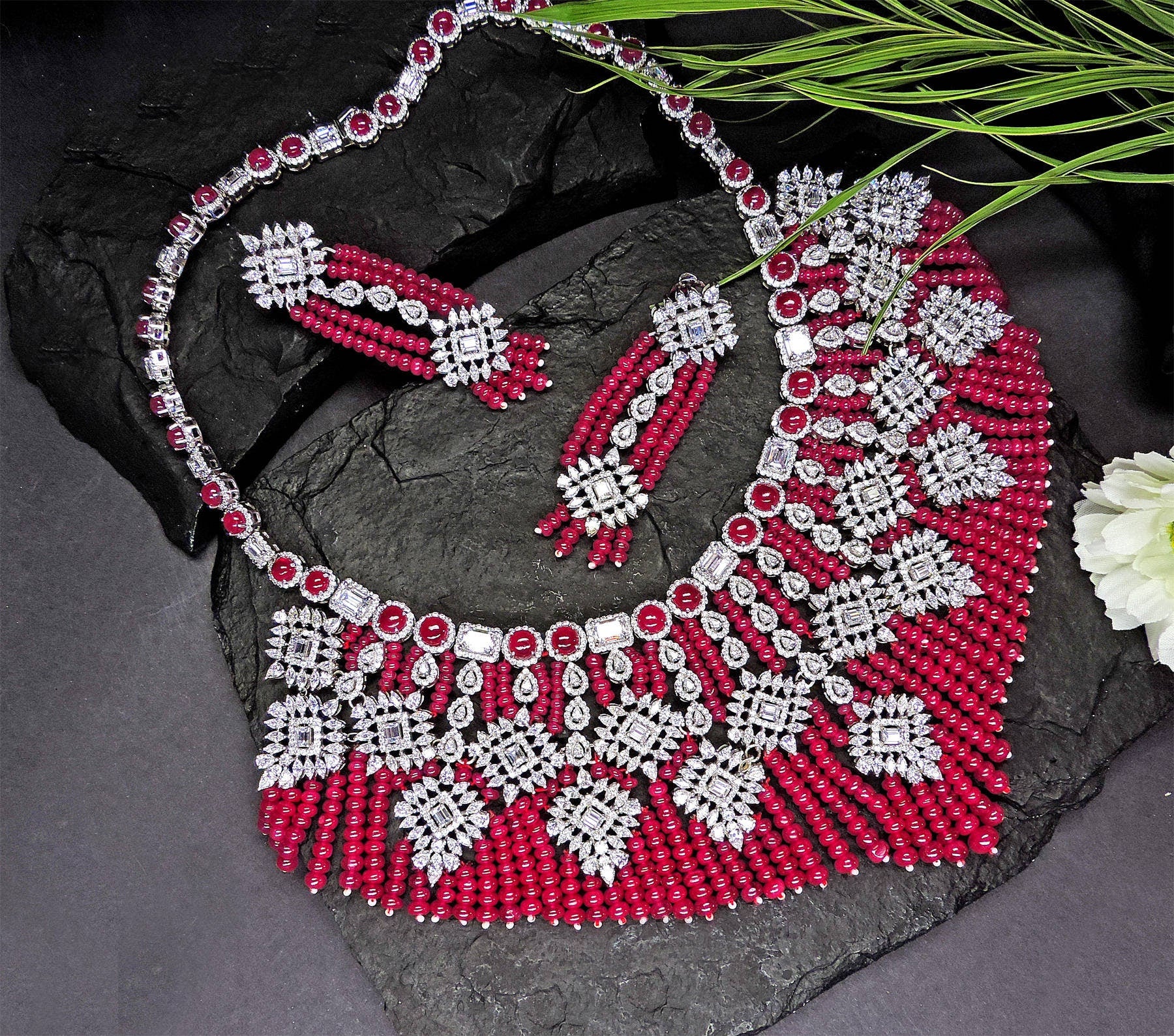 Silver Swarovski & Ruby Beads Set Indian Wedding Jewelery  Contemparory Jewelery Bridal Jewelery 925 Sterling Silver Necklace Set