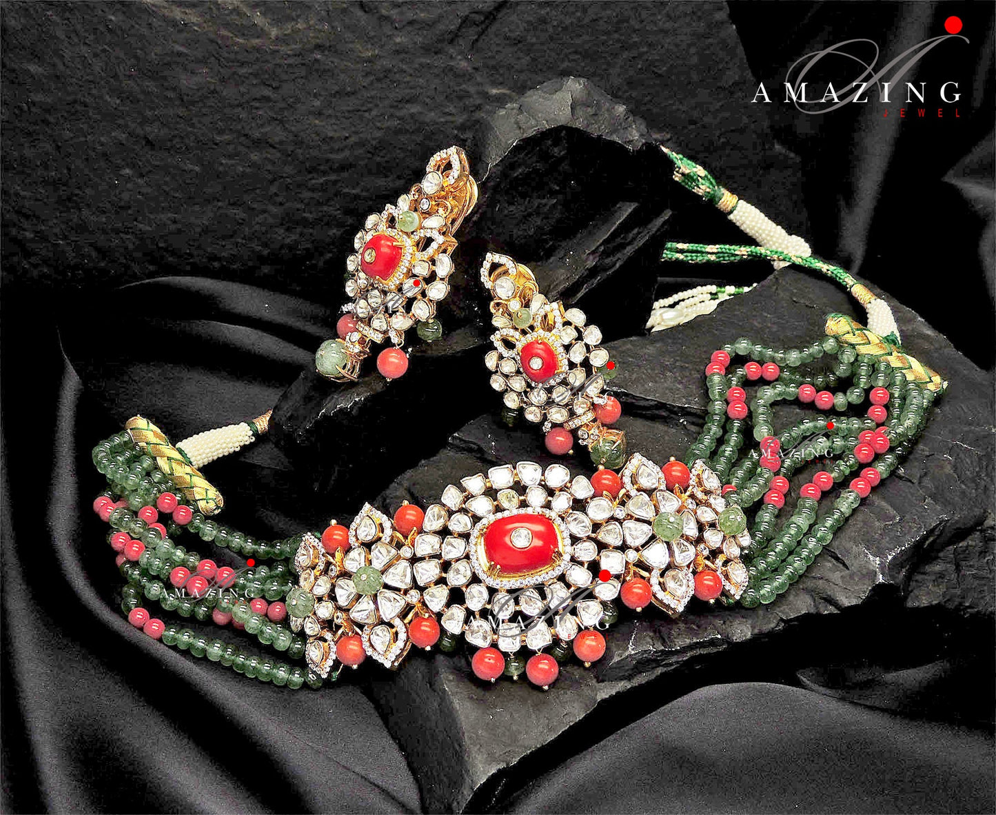 Silver Mossanite Polki Fluoride Coral Choker Set Indian Wedding Jewelery Traditional Jewelery Bridal Jewelery  925 Silver Coral Necklace Set