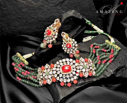 Silver Mossanite Polki Fluoride Coral Choker Set Indian Wedding Jewelery Traditional Jewelery Bridal Jewelery  925 Silver Coral Necklace Set