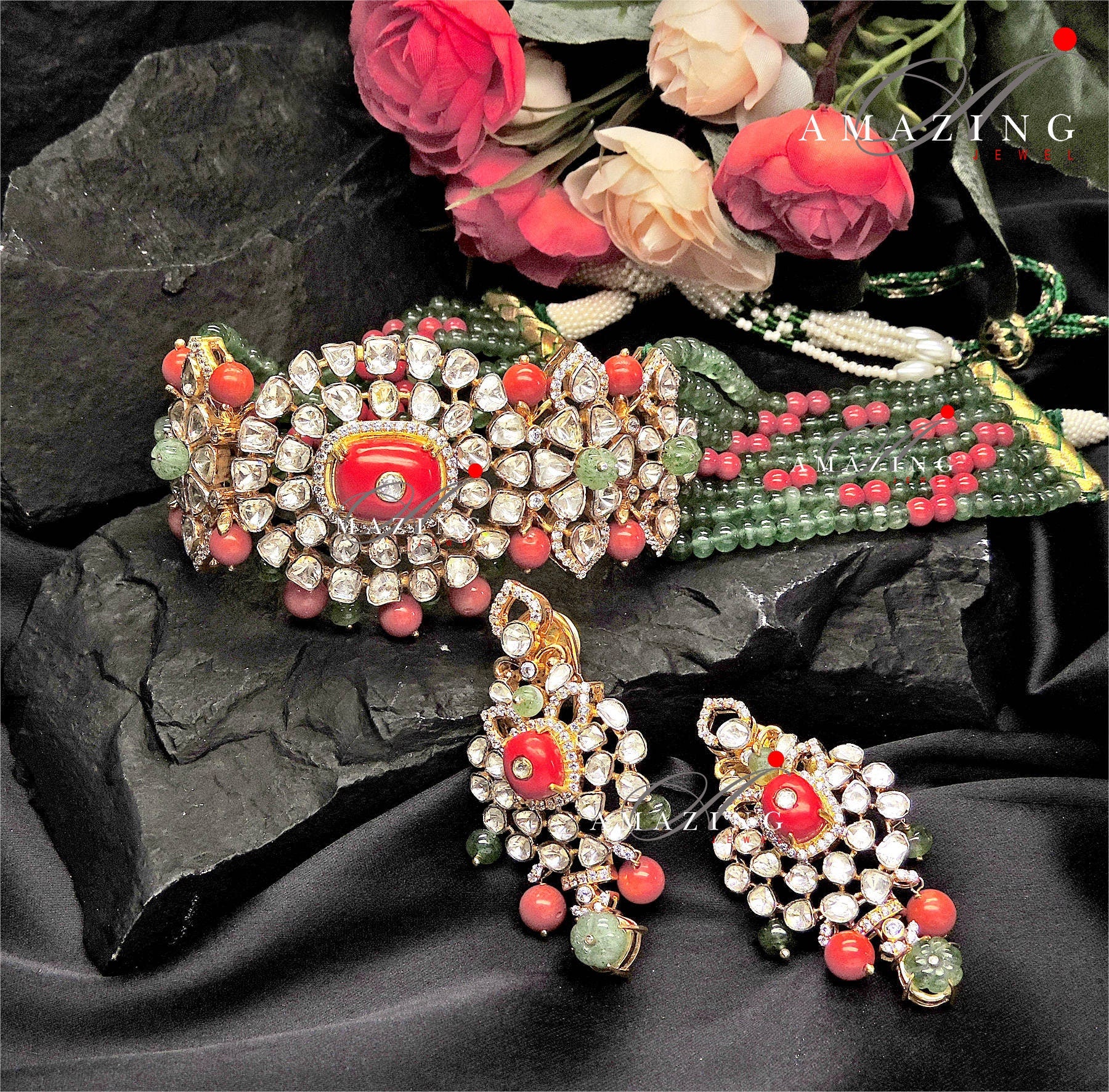 Silver Mossanite Polki Fluoride Coral Choker Set Indian Wedding Jewelery Traditional Jewelery Bridal Jewelery  925 Silver Coral Necklace Set