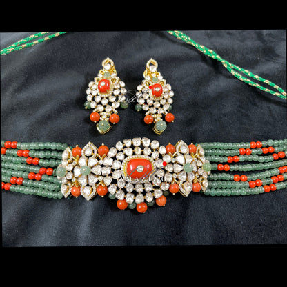 Silver Mossanite Polki Fluoride Coral Choker Set Indian Wedding Jewelery Traditional Jewelery Bridal Jewelery  925 Silver Coral Necklace Set