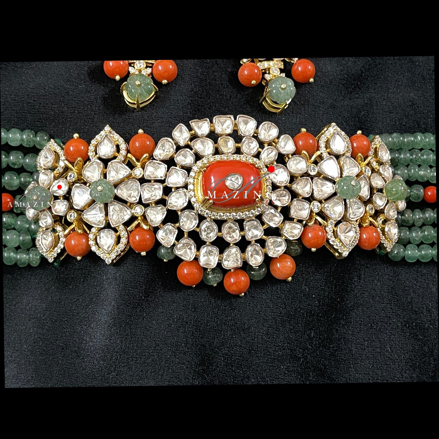 Silver Mossanite Polki Fluoride Coral Choker Set Indian Wedding Jewelery Traditional Jewelery Bridal Jewelery  925 Silver Coral Necklace Set