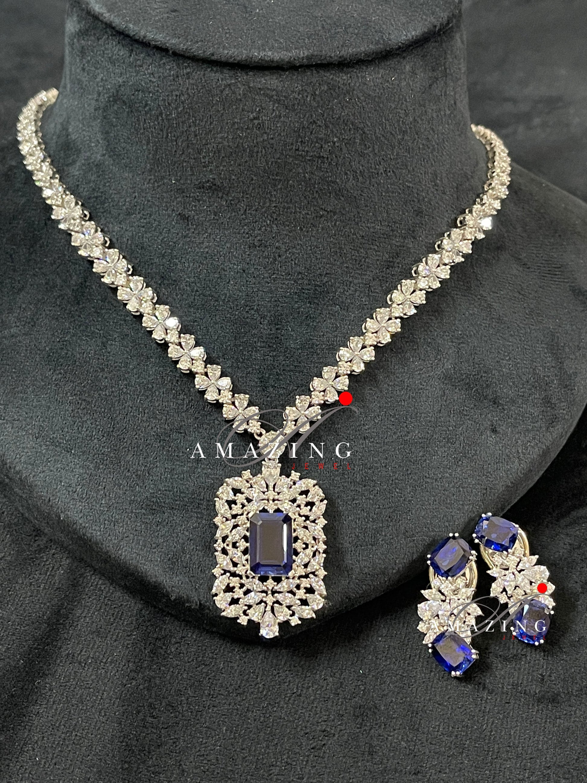 Silver Swarovski & Blue Sapphire Set Indian Wedding Jewelry Set Indian Traditional Jewelry Bridal Jewelry 925 Sterling Silver Necklace Set