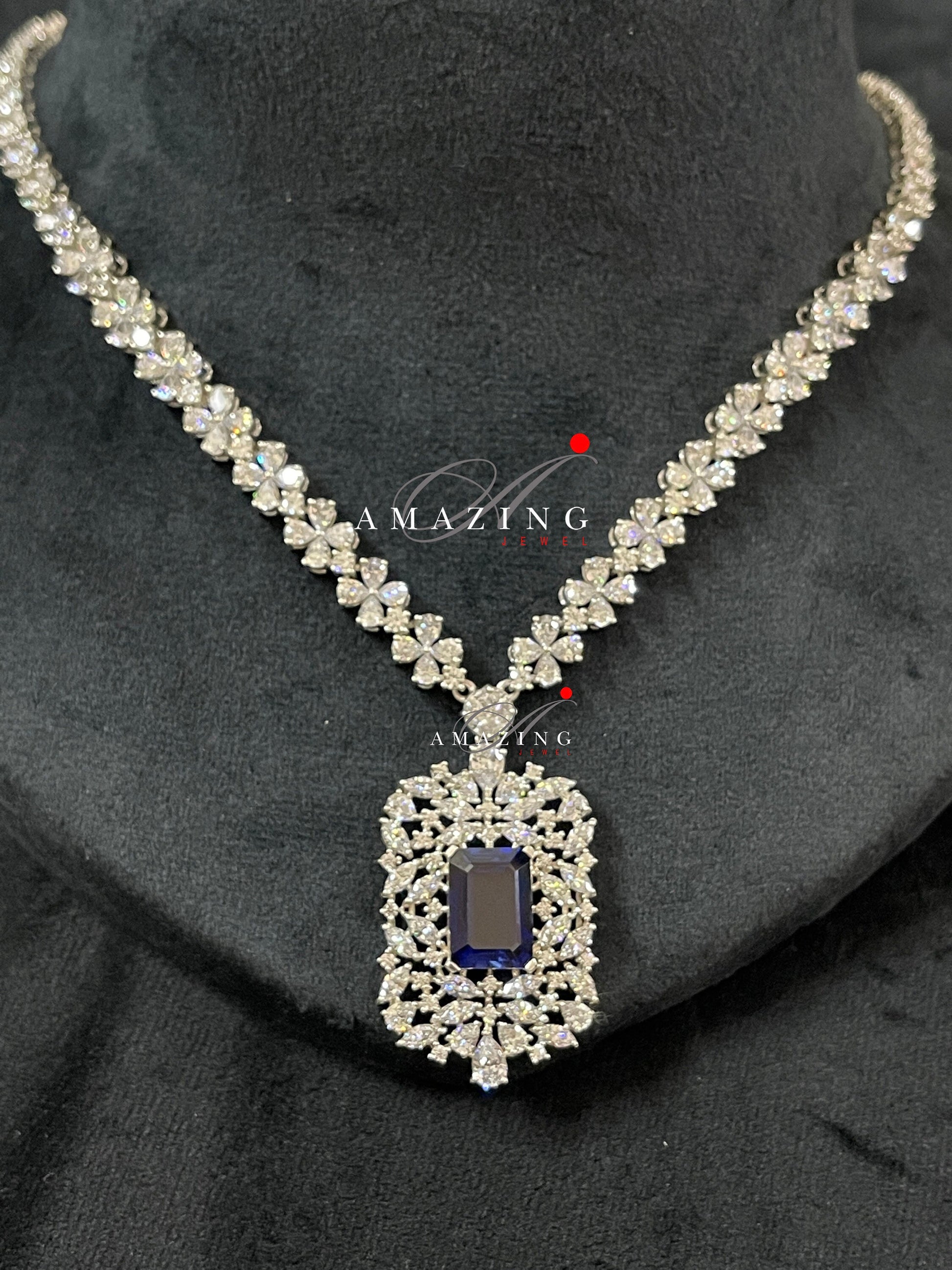 Silver Swarovski & Blue Sapphire Set Indian Wedding Jewelry Set Indian Traditional Jewelry Bridal Jewelry 925 Sterling Silver Necklace Set