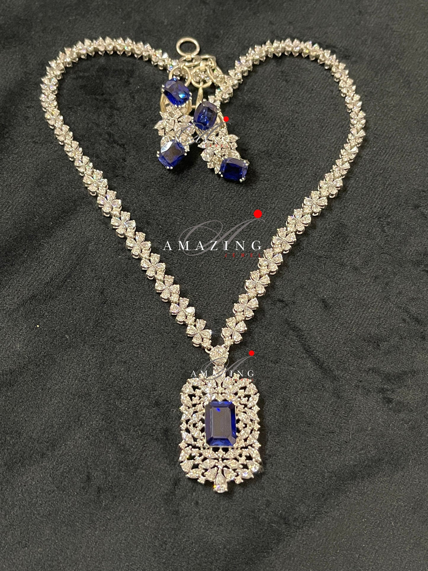 Silver Swarovski & Blue Sapphire Set Indian Wedding Jewelry Set Indian Traditional Jewelry Bridal Jewelry 925 Sterling Silver Necklace Set