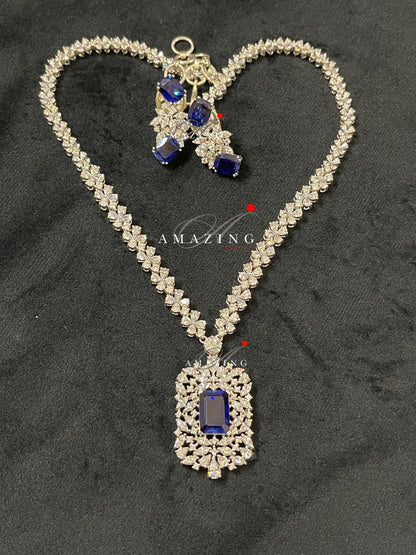 Silver Swarovski & Blue Sapphire Set Indian Wedding Jewelry Set Indian Traditional Jewelry Bridal Jewelry 925 Sterling Silver Necklace Set