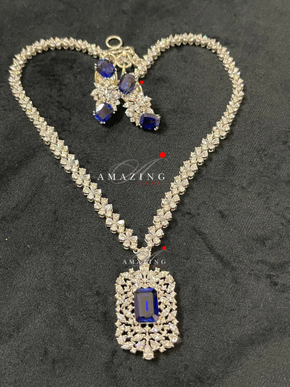 Silver Swarovski & Blue Sapphire Set Indian Wedding Jewelry Set Indian Traditional Jewelry Bridal Jewelry 925 Sterling Silver Necklace Set