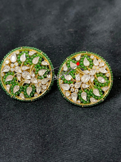 Silver Moissanite Polki with Green Beads Earring Indian Wedding Jewelery Moissanite Polki Stud Bridal Jewelery PartyWear Stud Silver Earring